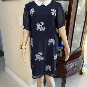 CeCe Black Dress with White Collar and Blue Floral Design